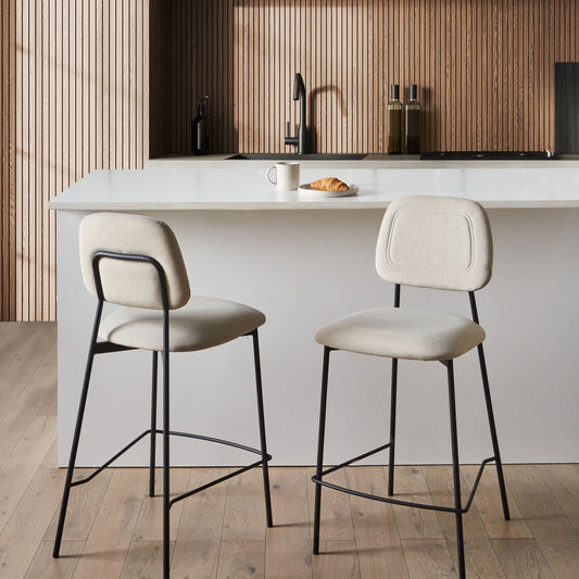 2 Velvet Bar Chairs Beige Black Iron Frame Counter Height