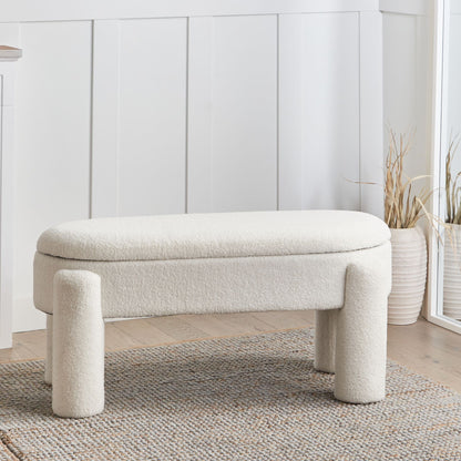Bedroom Storage Bench Off White Boucle Upholstery