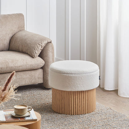 Storage Pouffe Off White Boucle Upholstered Seat With Wooden Base Round Footstool