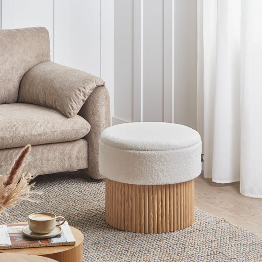 Storage Pouffe Off White Boucle Upholstered Seat With Wooden Base Round Footstool