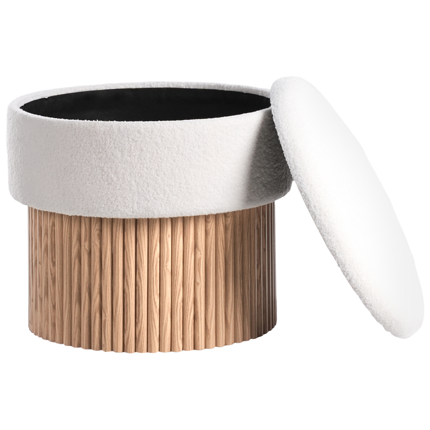 Storage Pouffe Off White Boucle Upholstered Seat With Wooden Base Round Footstool
