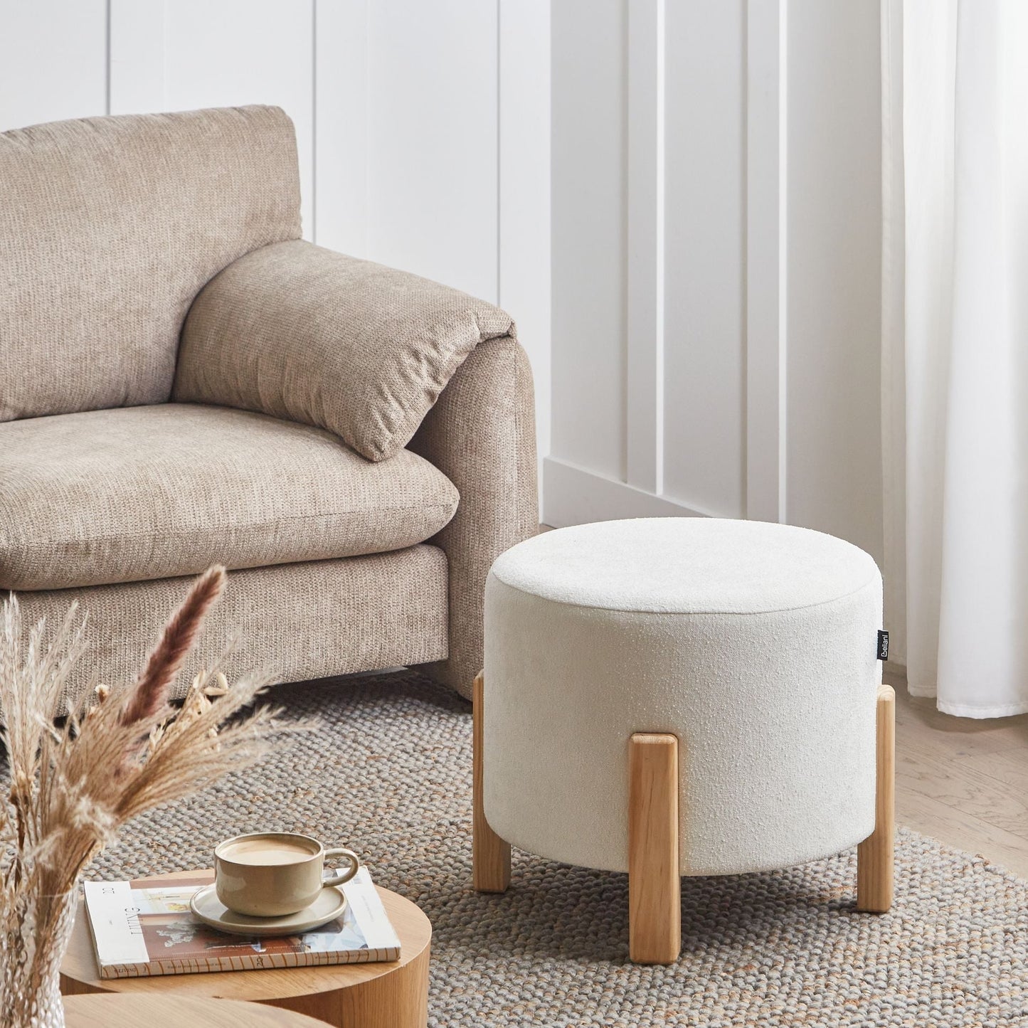 Modish Living Off White Chenille Pouffe Round Upholstered Seat With Wooden Legs Modern Decor