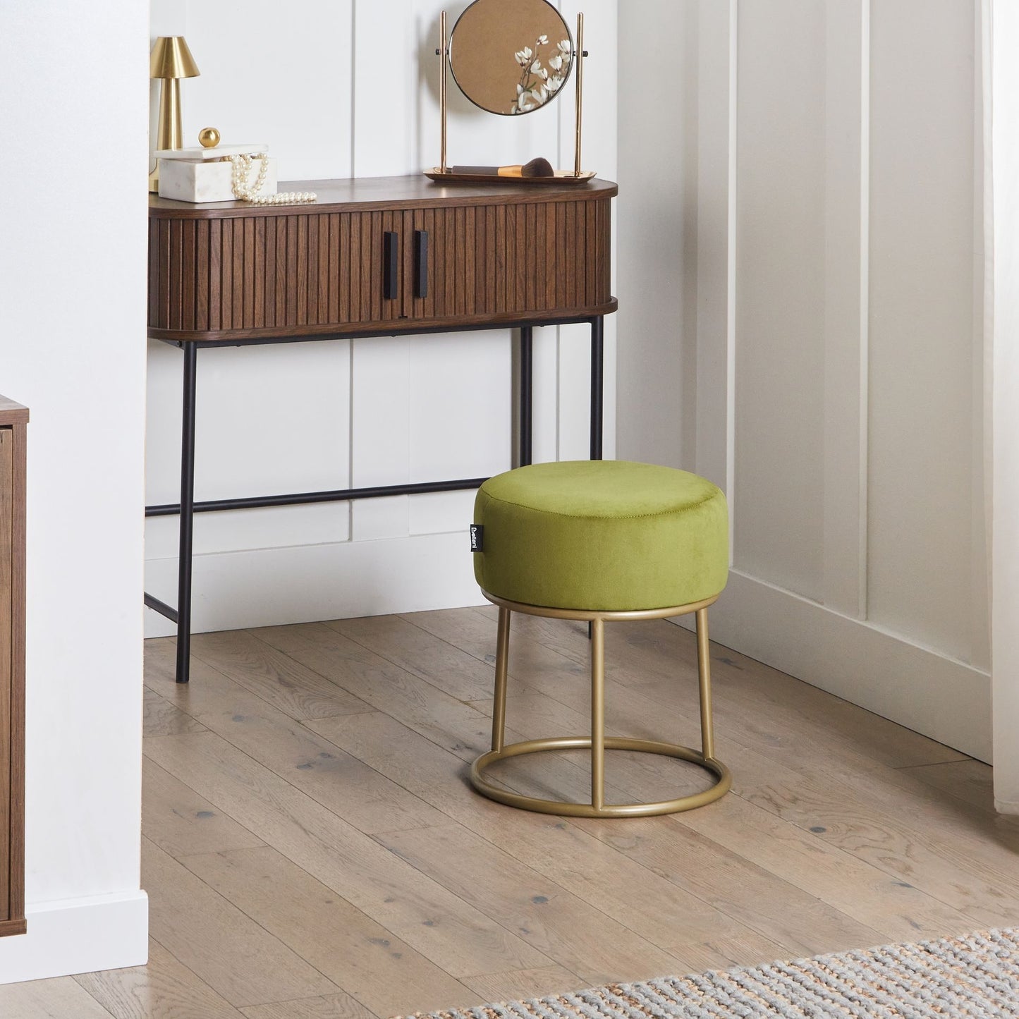 Glamora Lime Green Velvet Footstool With Gold Metal Base For Glam Modern Interiors