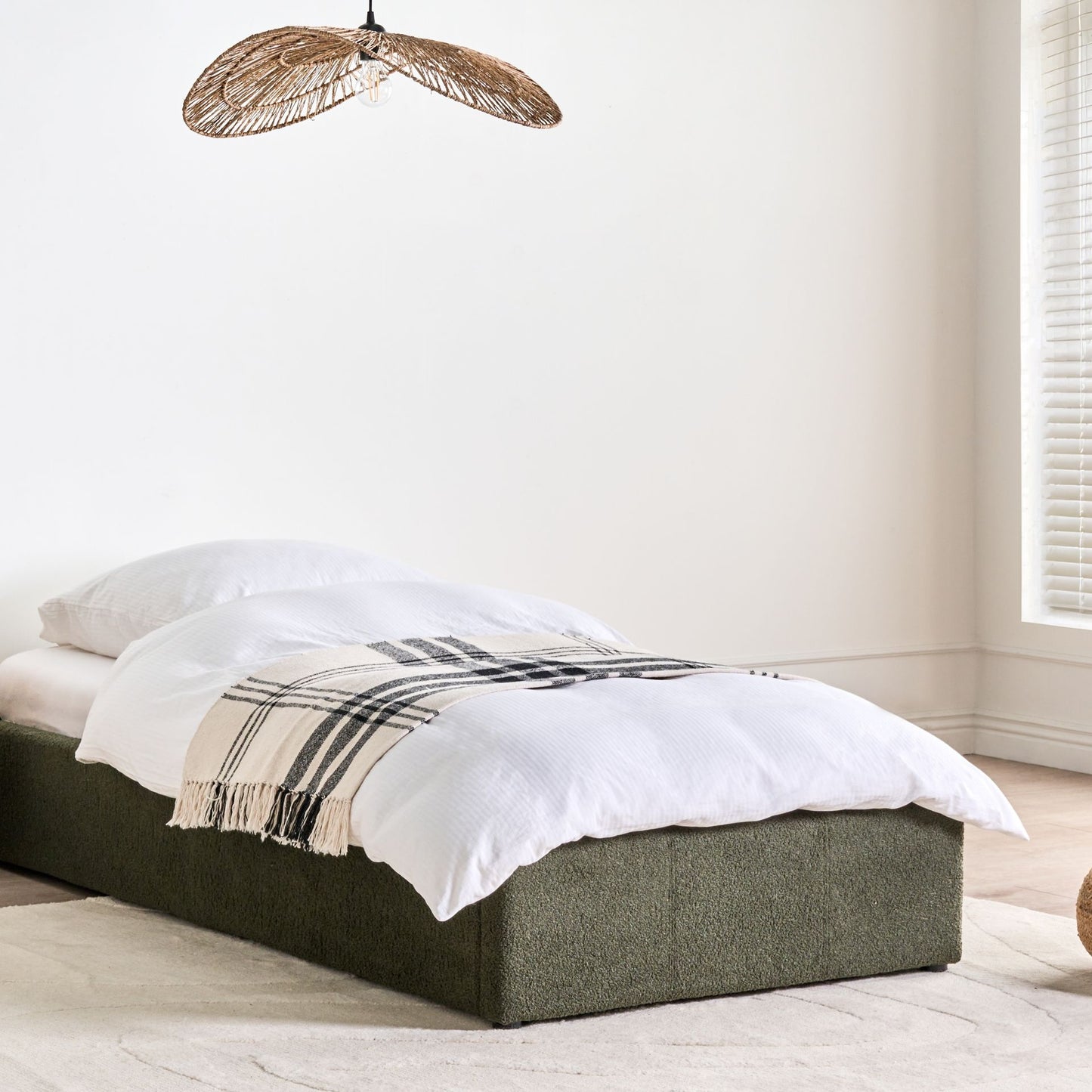 Dark Green Boucle Upholstered Slatted Bed Frame With Ottoman Storage 3ft EU Single Modern Design