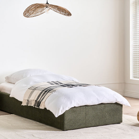 Dark Green Boucle Upholstered Slatted Bed Frame With Ottoman Storage 3ft EU Single Modern Design