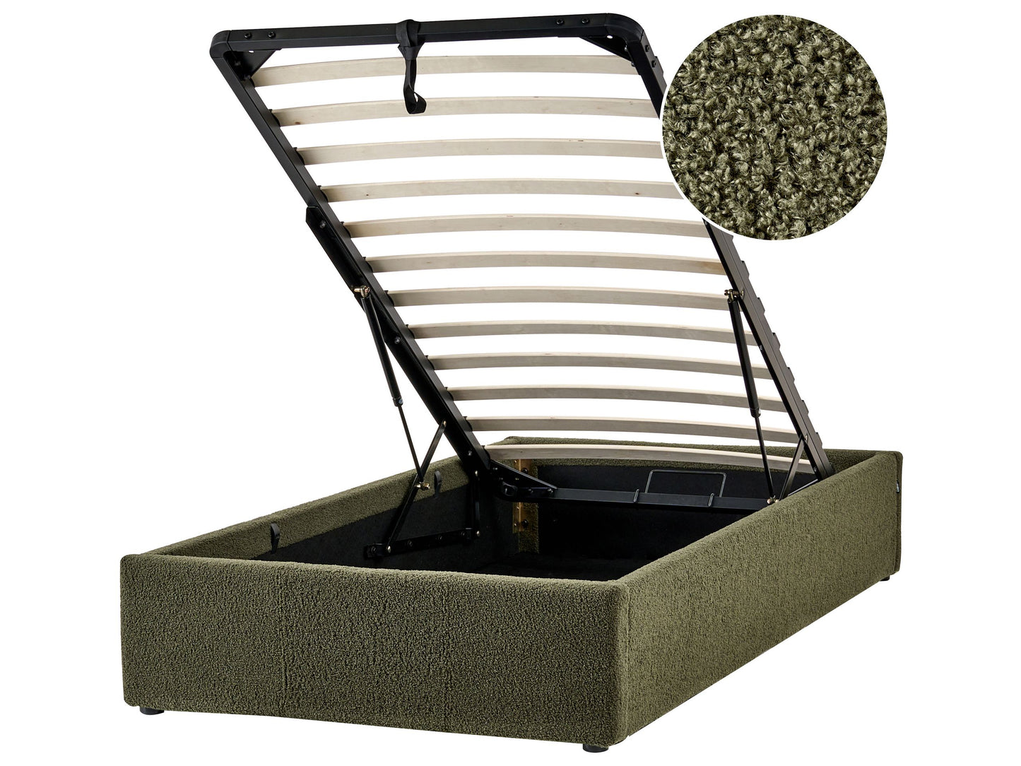 Dark Green Boucle Upholstered Slatted Bed Frame With Ottoman Storage 3ft EU Single Modern Design