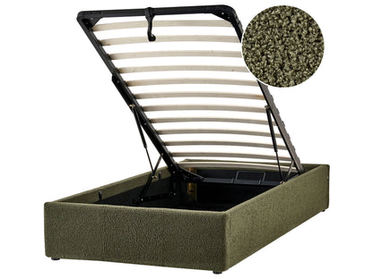 Dark Green Boucle Upholstered Slatted Bed Frame With Ottoman Storage 3ft EU Single Modern Design