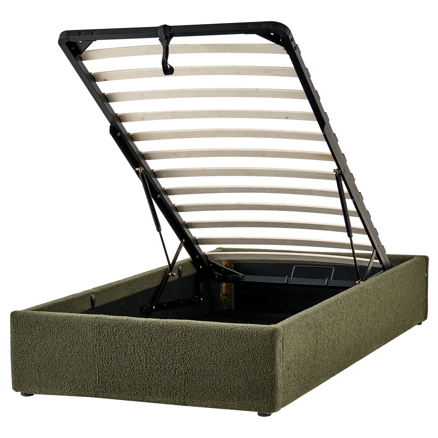 Dark Green Boucle Upholstered Slatted Bed Frame With Ottoman Storage 3ft EU Single Modern Design