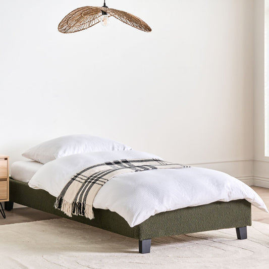 3ft Dark Green Boucle Upholstered Slatted Bed Frame Without Headboard For Modern Minimalist Bedrooms
