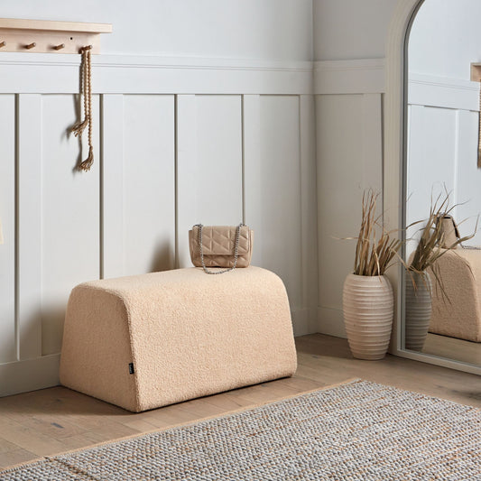Beige Boucle Pouffe Rectangular Footstool Upholstered Living Room Comfort