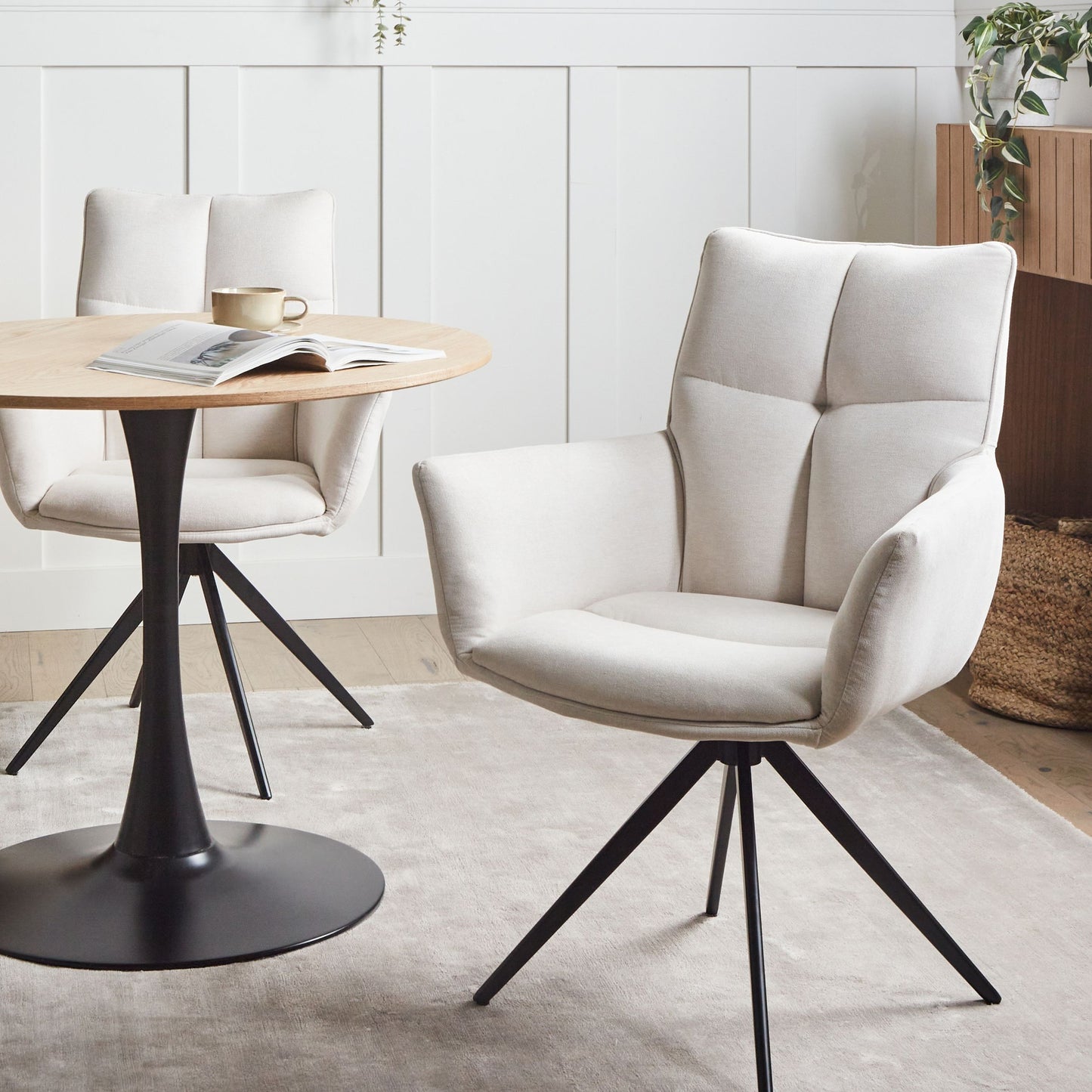 Name Modern Swivel Dining Chair Off White Polyester Upholstery Iron Black Legs