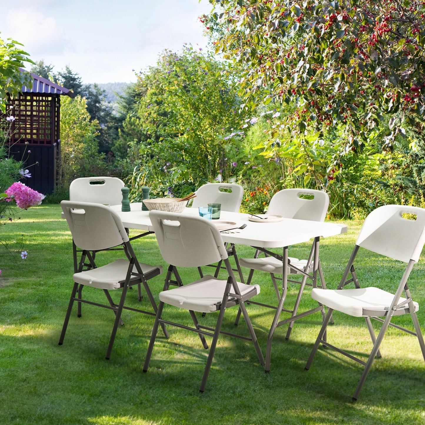 6 Seater Outdoor Dining Set White With Folding Chairs