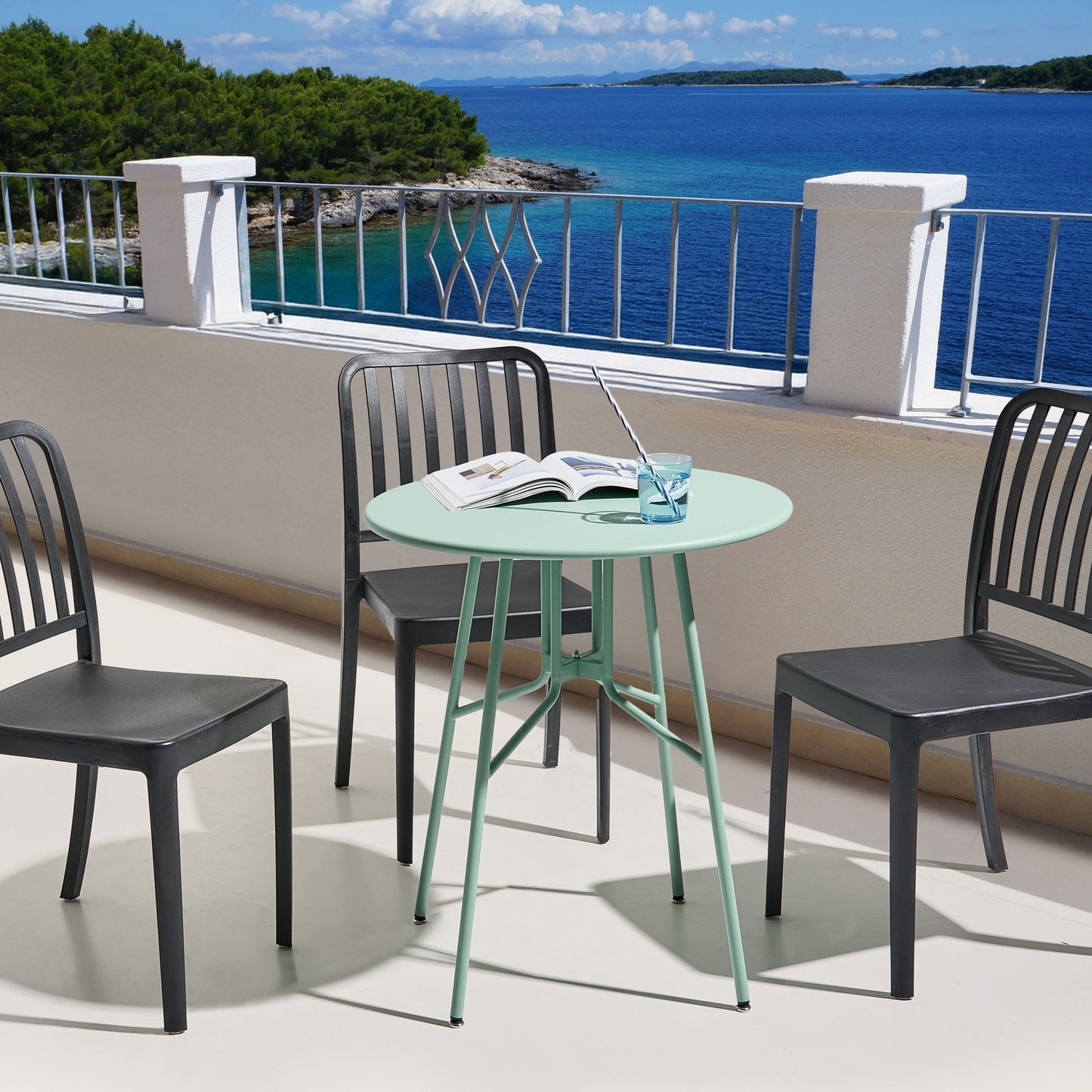 Light Green Round Garden Dining Table 64cm Iron Outdoor