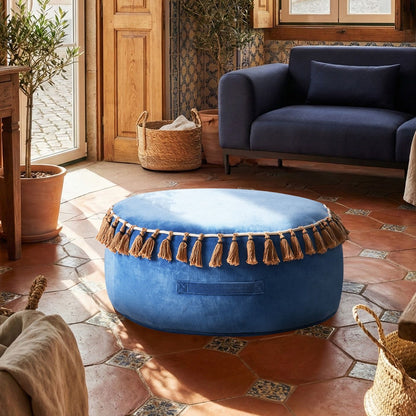 Velvet Round Tasselled Pouffe Ottoman Blue Footstool