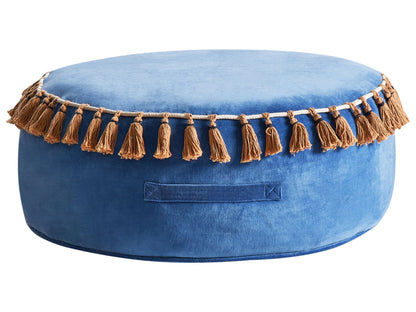 Velvet Round Tasselled Pouffe Ottoman Blue Footstool