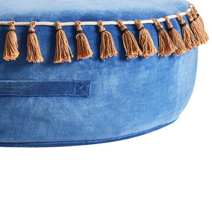 Velvet Round Tasselled Pouffe Ottoman Blue Footstool