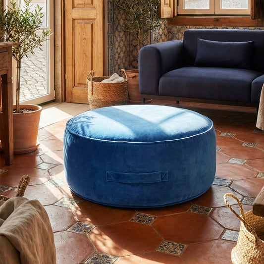 Velvet Ottoman Blue Round Pouffe Footstool With Handle