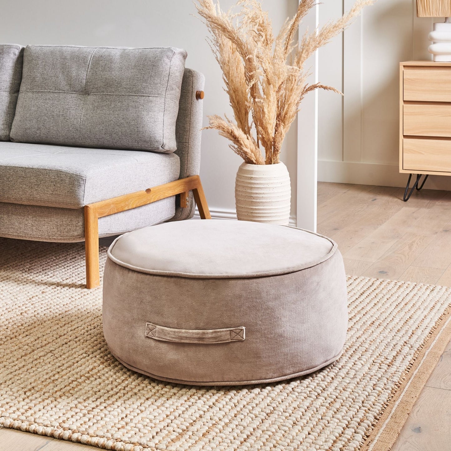 Velvet Ottoman Pouffe Footstool Light Brown Round With Practical Handle And Elegant Design