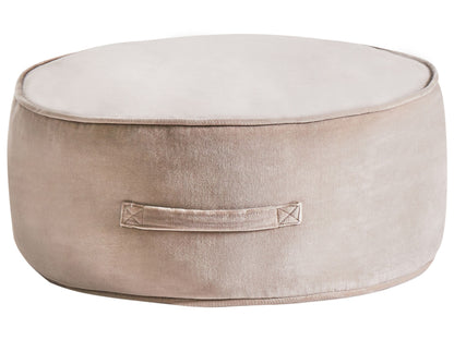 Velvet Ottoman Pouffe Footstool Light Brown Round With Practical Handle And Elegant Design