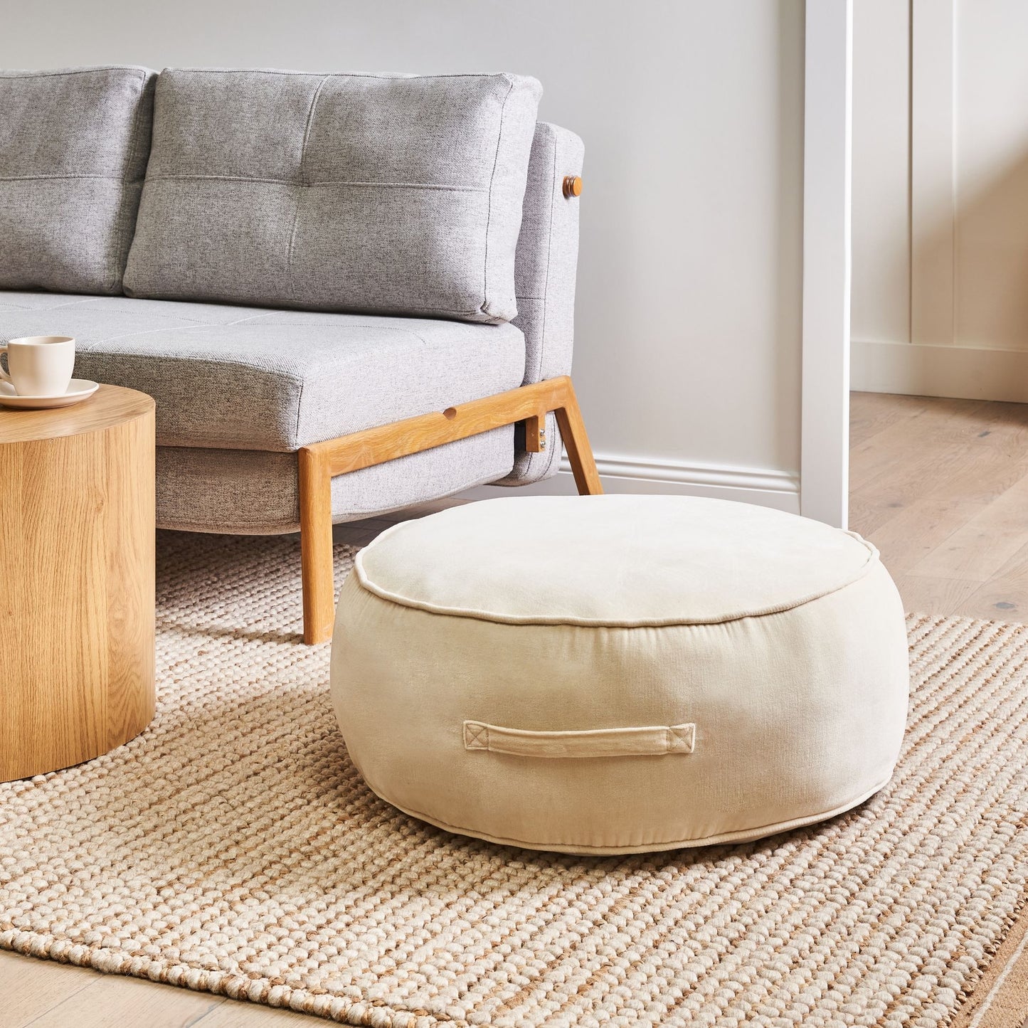 Velvet Ottoman Round Pouffe Footstool With Handle Light Beige
