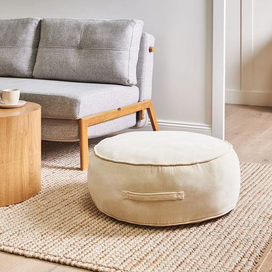 Velvet Ottoman Round Pouffe Footstool With Handle Light Beige