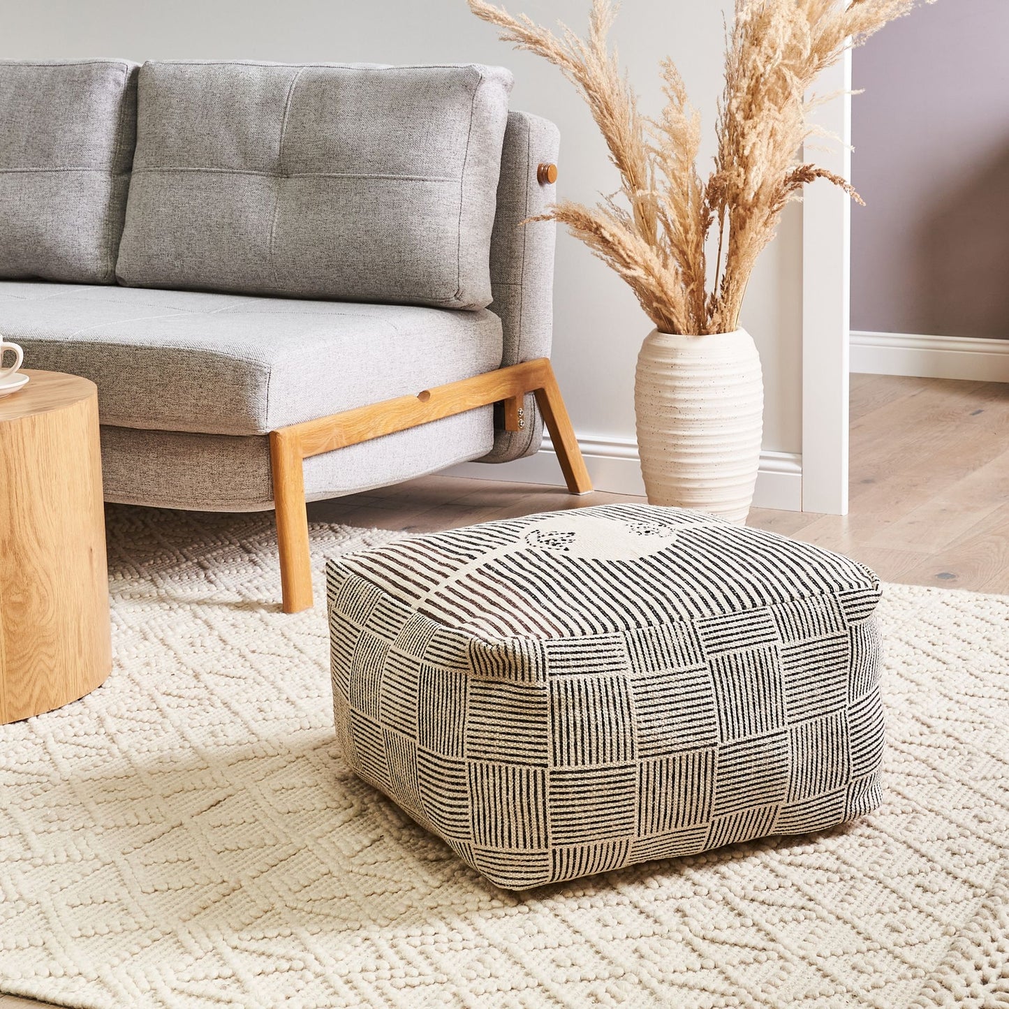 Modern Grey Fabric Pouffe Footstool Square Retro Boho Style for Living Room
