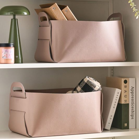 Pastel Pink Faux Leather Storage Baskets Set Of 2 With Handles Handmade Retro Design