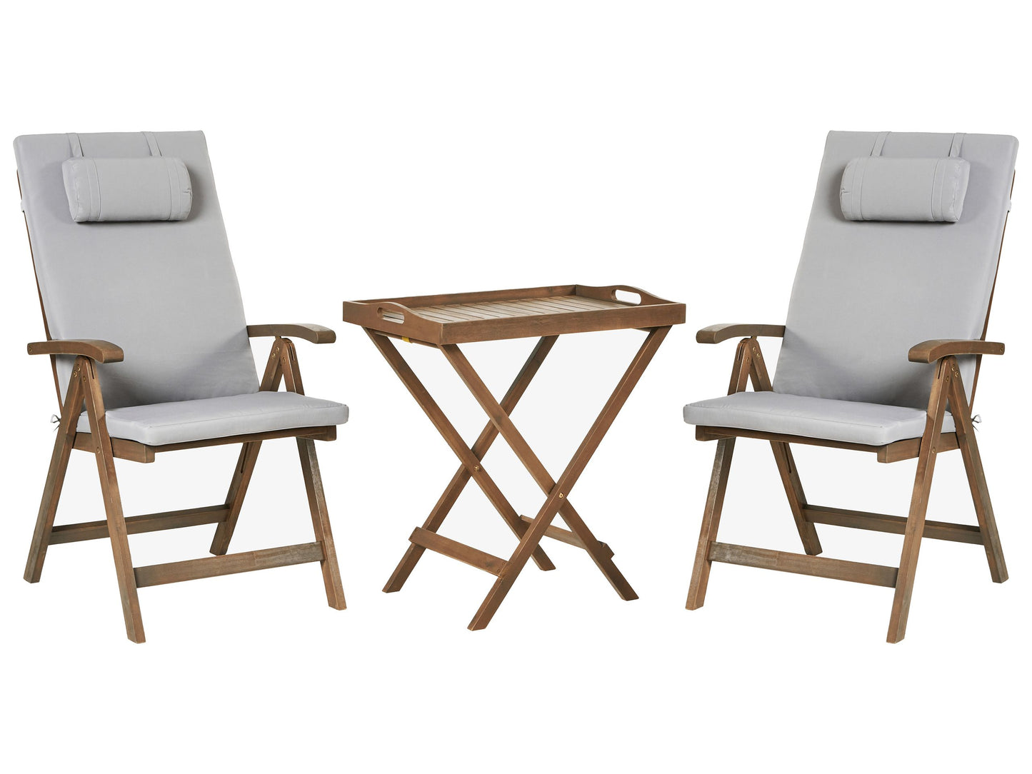 Garden Bistro Set Solid Acacia Wood With Light Grey Cushions Folding 2 Chairs Table