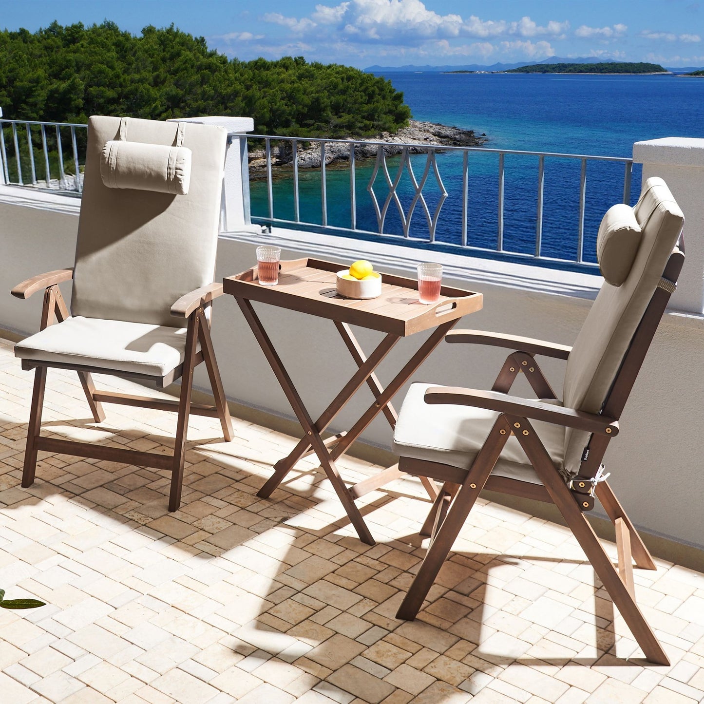 Acacia Wood Bistro Set With Taupe Cushions Folding