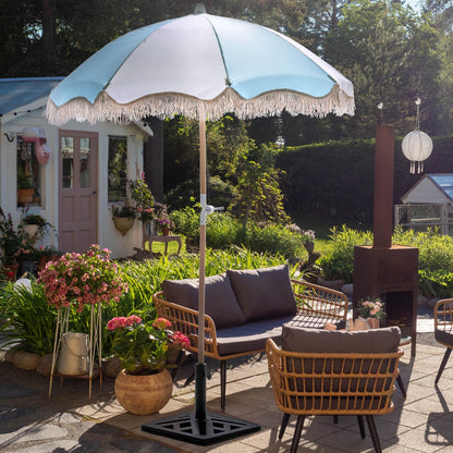 Parasol Light Blue Fabric Beech Wood Pole 150cm Round Tilting UV Resistant Outdoor Umbrella