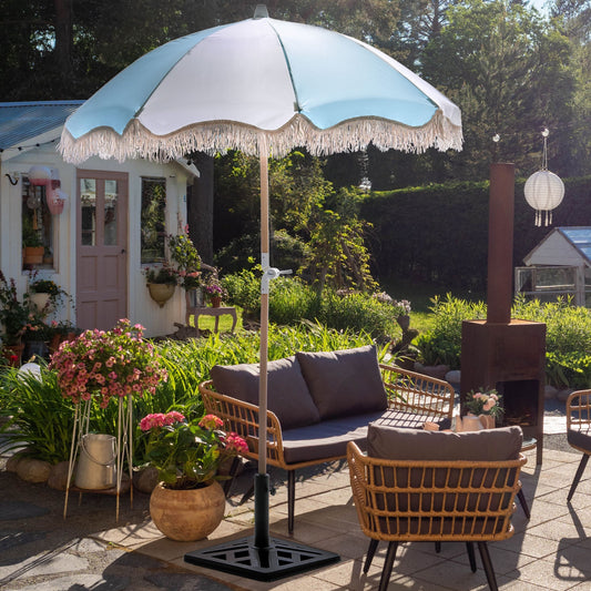 Parasol Light Blue Fabric Beech Wood Pole 150cm Round Tilting UV Resistant Outdoor Umbrella