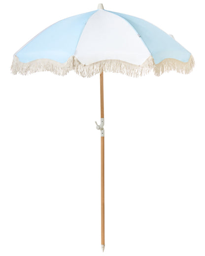 Parasol Light Blue Fabric Beech Wood Pole 150cm Round Tilting UV Resistant Outdoor Umbrella