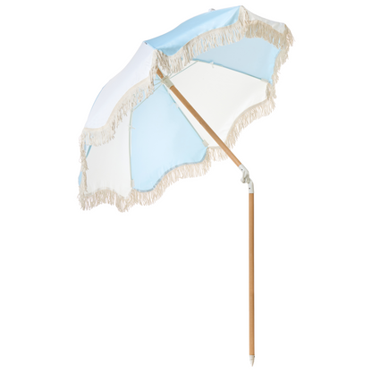 Parasol Light Blue Fabric Beech Wood Pole 150cm Round Tilting UV Resistant Outdoor Umbrella