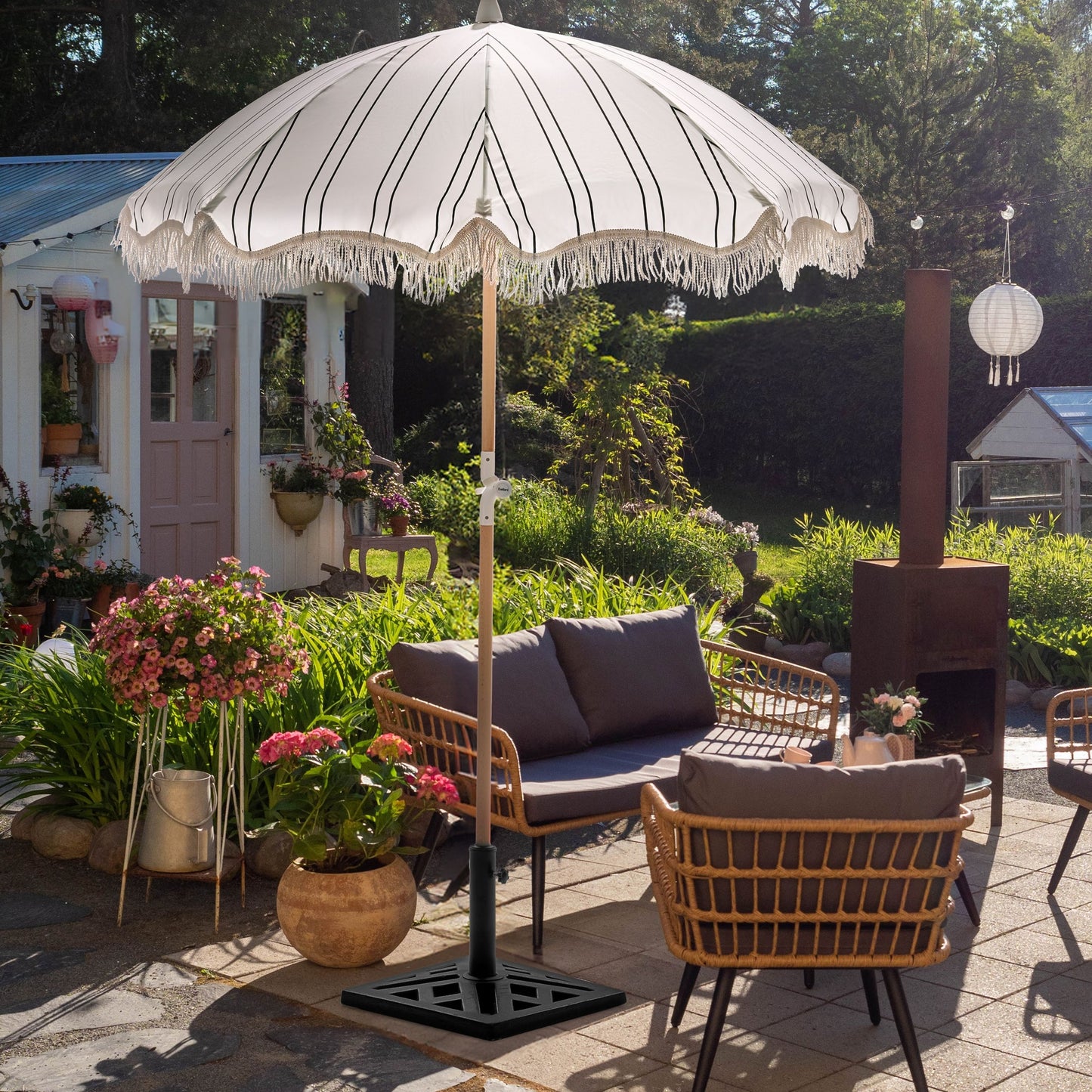 Garden Parasol Beech Wood 150cm White Black Stripe Tilt UV Resistant