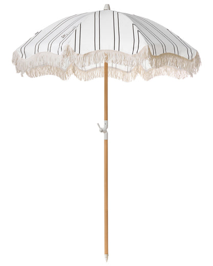 Garden Parasol Beech Wood 150cm White Black Stripe Tilt UV Resistant