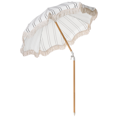 Garden Parasol Beech Wood 150cm White Black Stripe Tilt UV Resistant