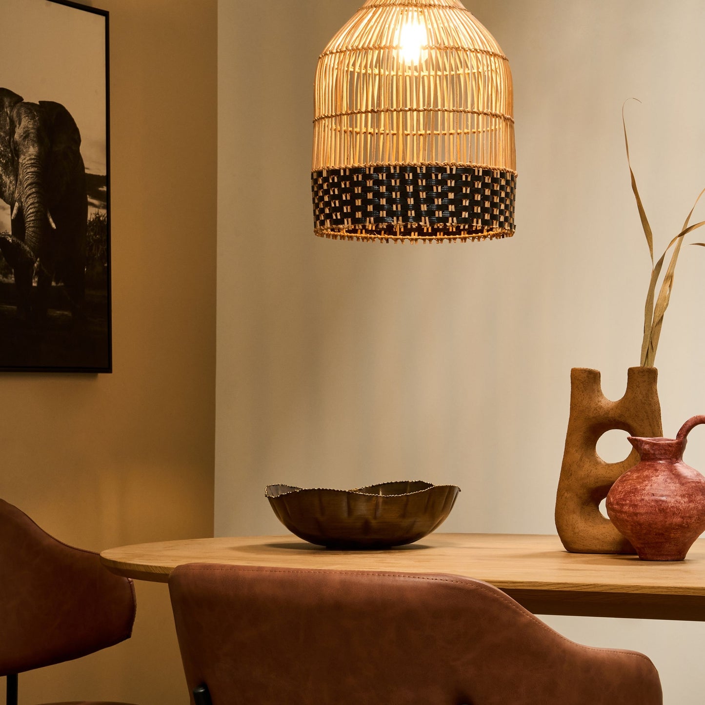 Pendant Lamp Natural Rattan Shade Iron Frame Handmade Lighting For Dining Room