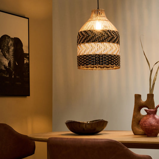 Pendant Lamp Black and White Rattan Shade Iron Frame Handmade Boho Lighting