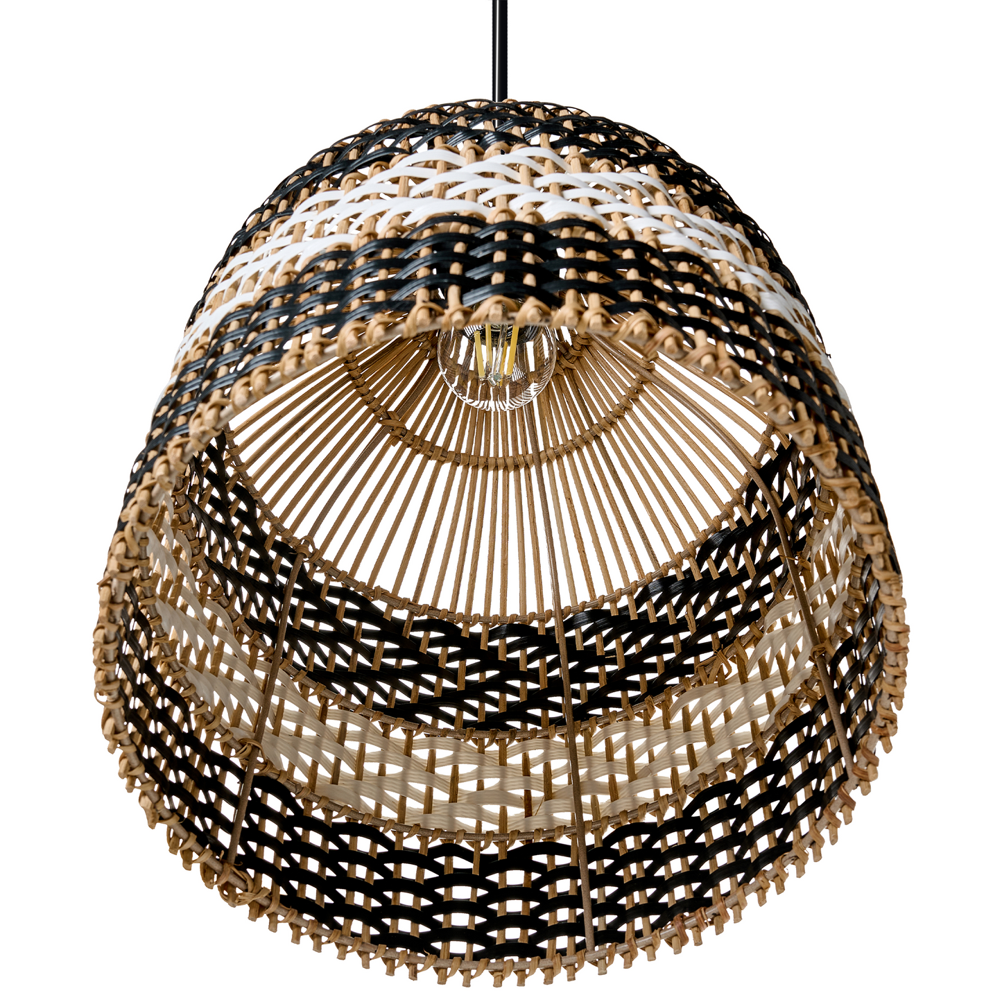 Pendant Lamp Black and White Rattan Shade Iron Frame Handmade Boho Lighting