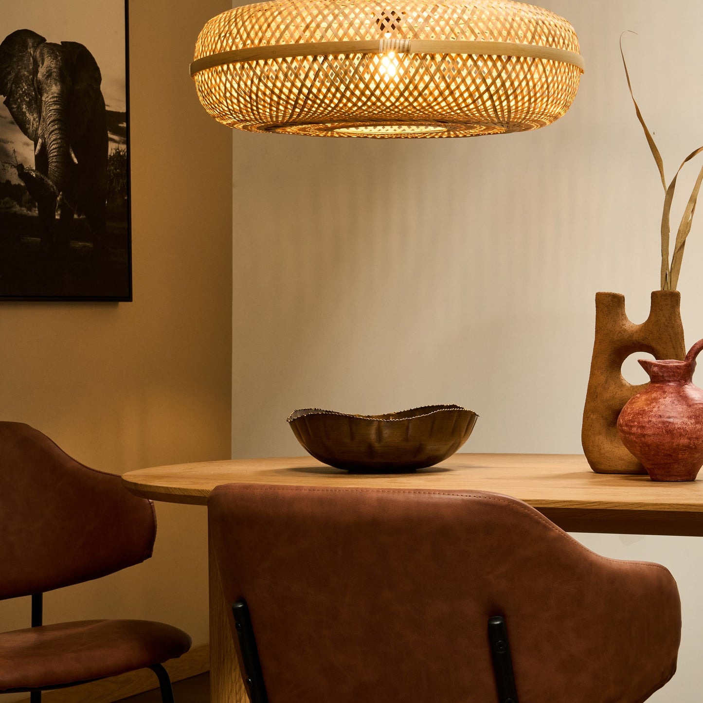 Pendant Lamp Natural Bamboo Shade Boho Woven Round Light