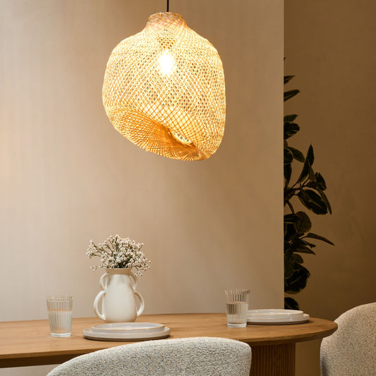 Natural Bamboo Pendant Lamp With Irregular Handwoven Shade For Living And Dining Rooms