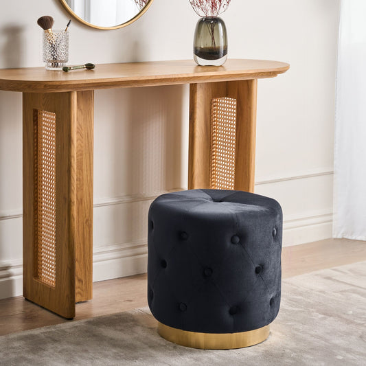 Home Luxurious Black Velvet Pouffe With Gold Base 40 x 41cm Tufted Footstool