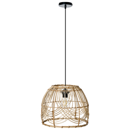 Boho Luxe Pendant Lamp Natural Rattan Shade Iron Frame Handmade