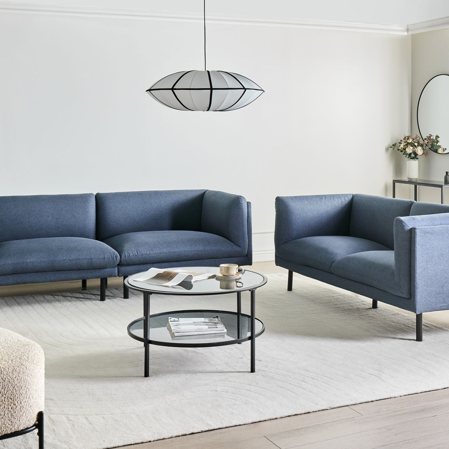 5 Seater Sofa Set Dark Blue Fabric With Metal Legs