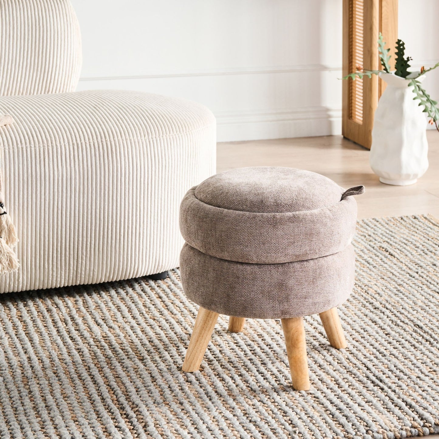 Taupe Chenille Upholstered Pouffe With Hidden Storage 40 x 41cm Modern Stool