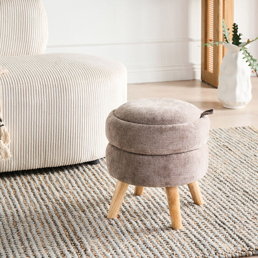 Taupe Chenille Upholstered Pouffe With Hidden Storage 40 x 41cm Modern Stool