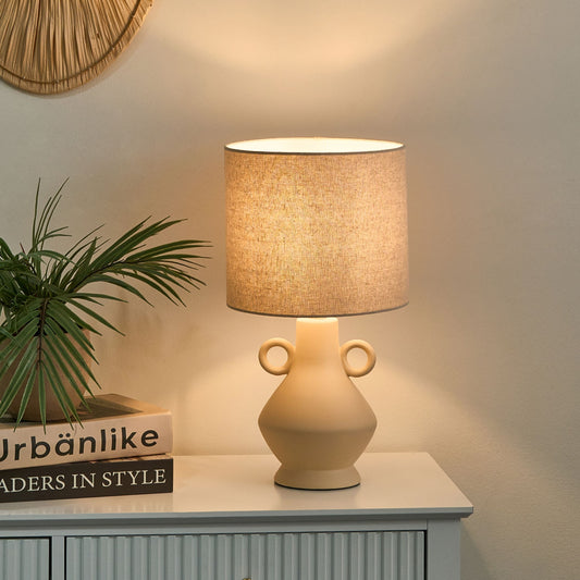 Beige Ceramic Two Handle Table Lamp Drum Shade