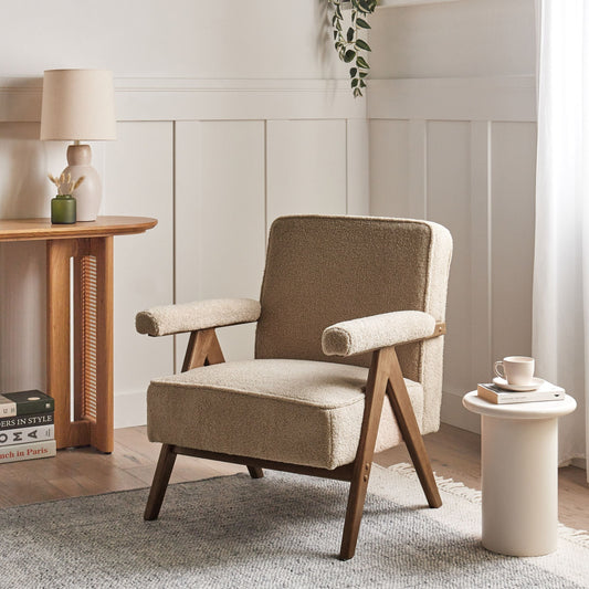 Armchair Sand Beige Boucle Upholstered With Retro Wooden Frame And Pillow Armrests