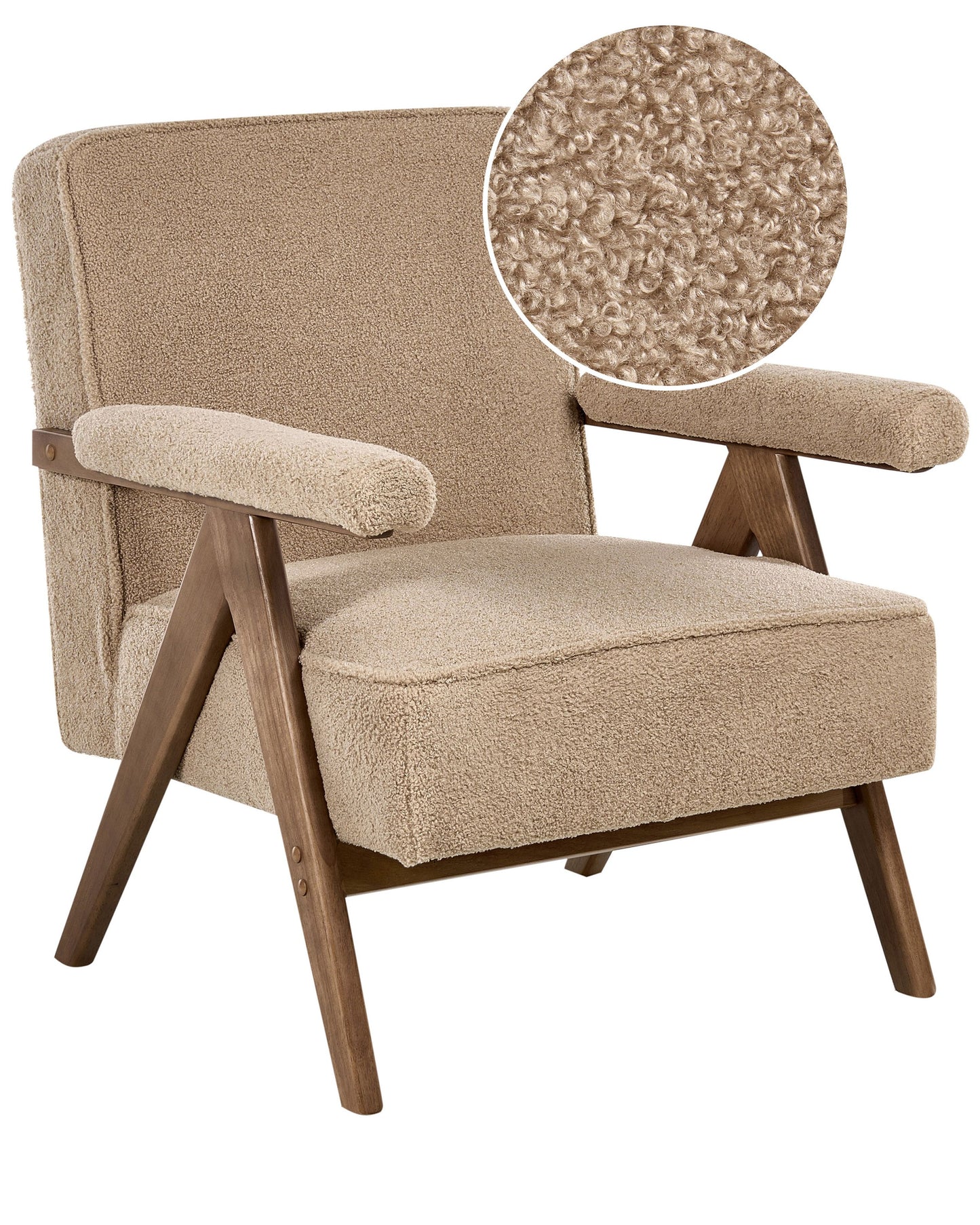 Armchair Sand Beige Boucle Upholstered With Retro Wooden Frame And Pillow Armrests