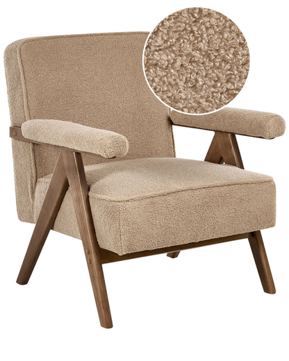 Armchair Sand Beige Boucle Upholstered With Retro Wooden Frame And Pillow Armrests